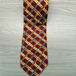 Vintage Tom James Red and Gold Lattice Patterned Men's Tie